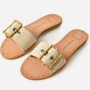 Dolce Vita Cream Woven Slide Sandals with Gold Buckle
